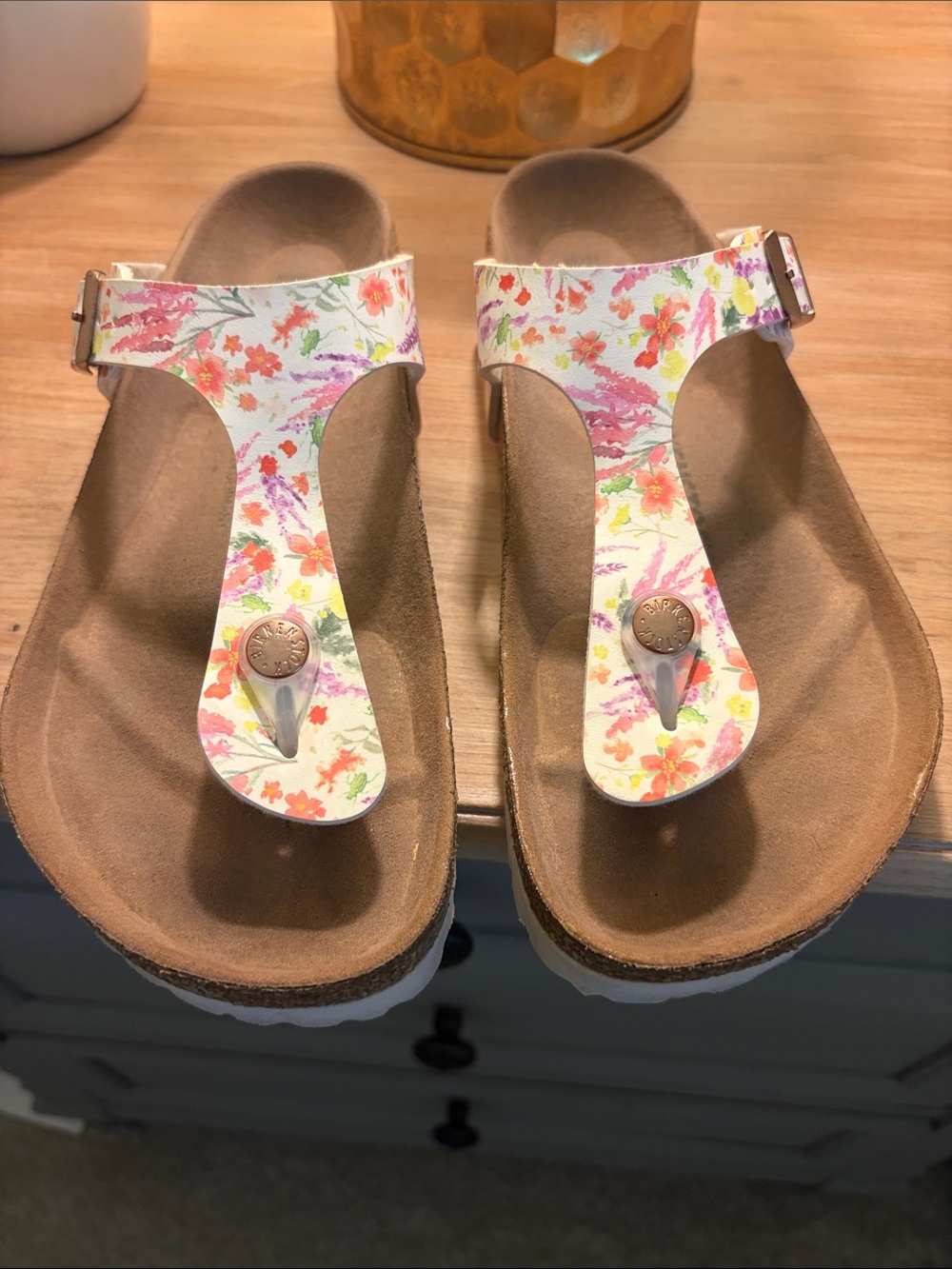 Birkenstock Gizeh Floral Print Thong Sandals White with Multicolor Flowers